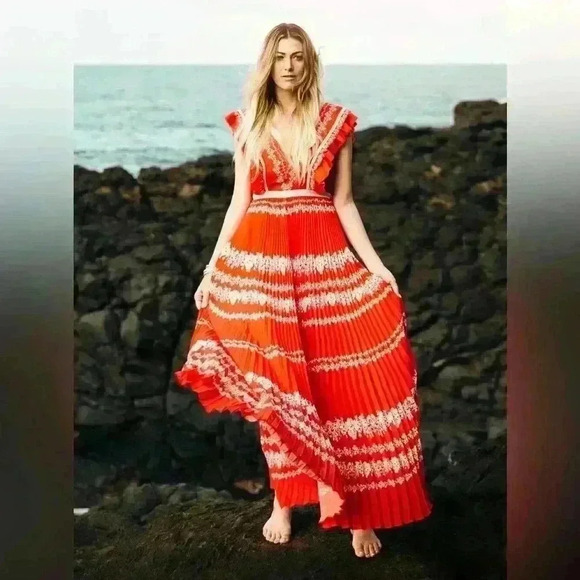 Self-Portrait Flower Spell Chiffon Ruffle Pleated Maxi dress Size UK4 US0​ - Picture 4 of 10